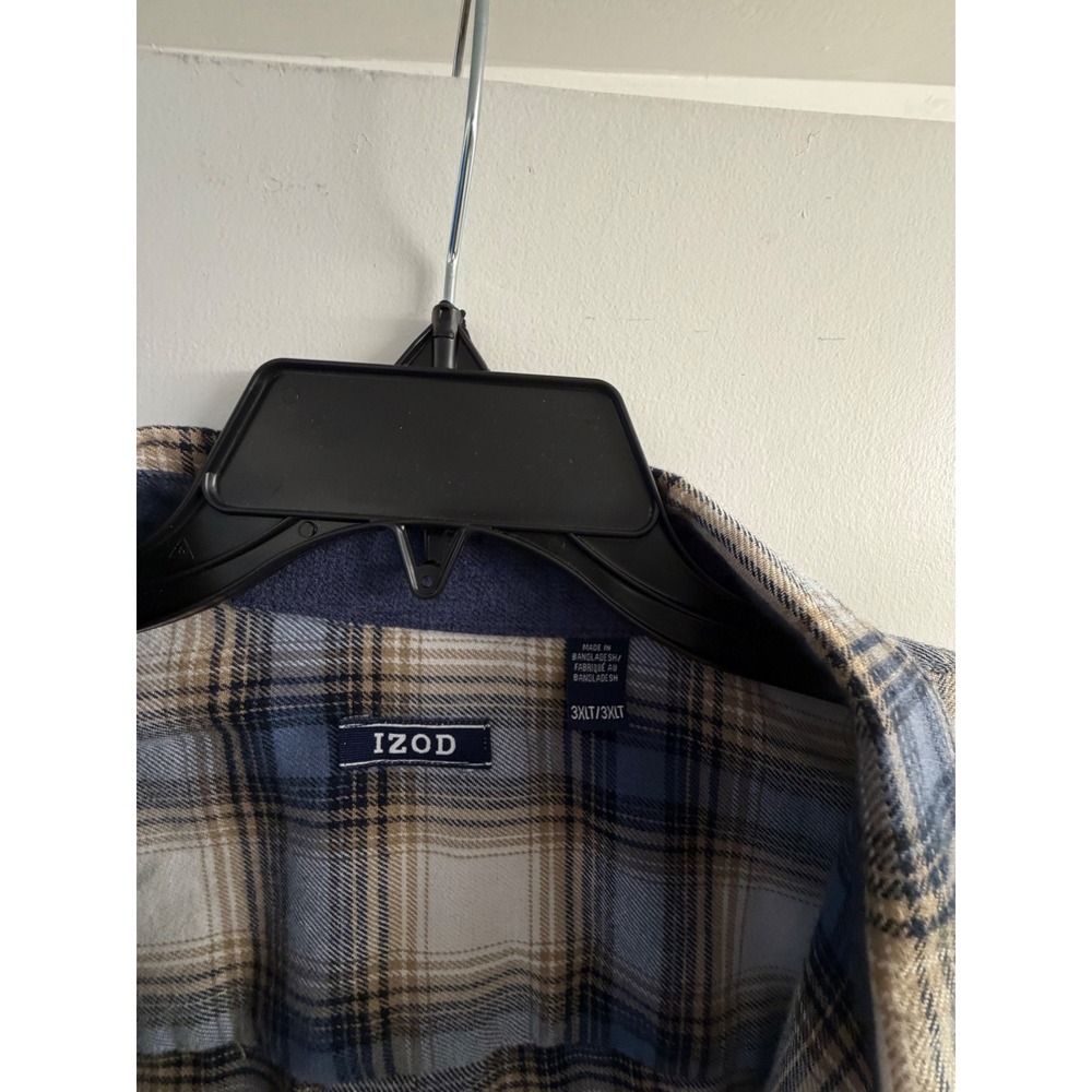 IZOD Mens Flannel Shirt 3XLT Blue Tan Plaid Long Sleeve Button Down Tall - Picture 2 of 3